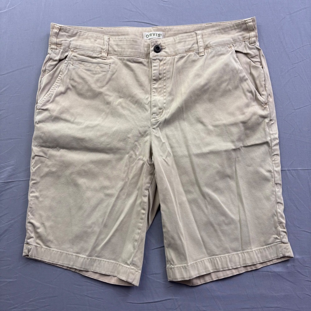 Orvis Mens Khaki Chino Shorts Sz 16 Tan Cotton Blend Stretch Flat Front‎ Outdoor